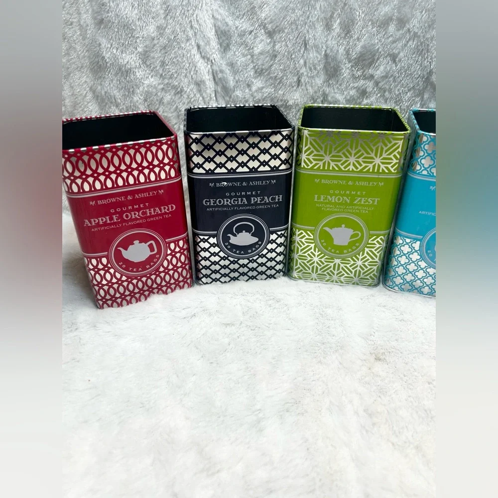 (6) EMPTY METAL TIN TEA BAG CONTAINERS VASES PEN HOLDERS ORGANIZERS NO LIDS